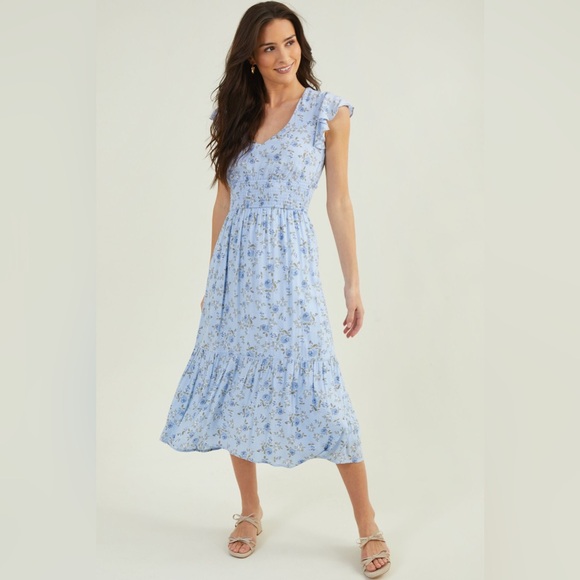 Altar'd State Dresses & Skirts - Altar’d State Powder Blue Floral Smocked Midi Dress